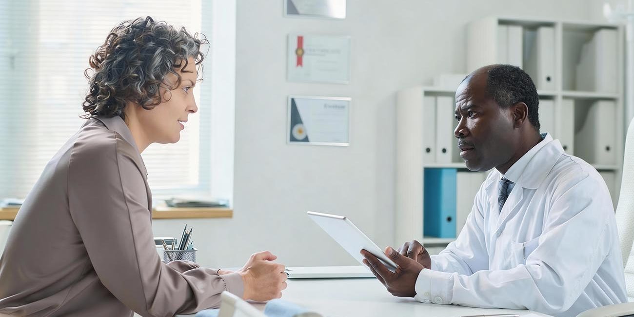 Médico psiquiatra explicando sobre cetamina para um paciente.
